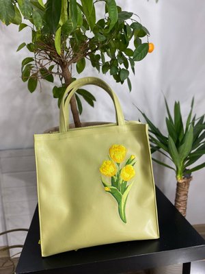 Екошопер з вишивкою (Фісташка) "Жовті тюльпани" (Шкіра підвищеної щільності) 06328-01 фото